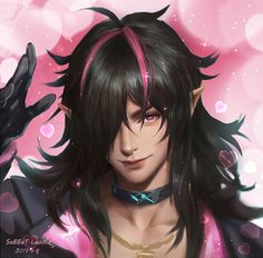 an anime character with black hair and pink eyes