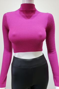 STYLED BY ALX COUTURE MIAMI BOUTIQUE Mock Neck Long Sleeve Crop Top Winter Ribbed Stretch Tops, Stretch Tops With Ribbed Neckline For Winter, Winter Stretch Top With Ribbed Neckline, Stretch Ribbed Cropped Sweater With Crew Neck, Stretch Top With Ribbed Neckline For Winter, Stretch Winter Top With Ribbed Neckline, High Stretch Pink Top For Winter, Stretch Ribbed Cropped Sweater For Fall, High Stretch Pink Winter Top