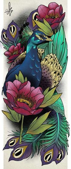 a drawing of a peacock surrounded by flowers