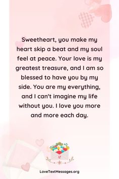 a pink card with the words sweet heart you make my heart skip and love is my soul