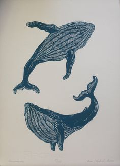 two whale tails are shown in blue ink on a white paper with writing underneath it