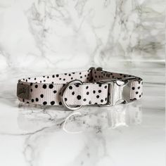 a white and black polka dot dog collar on a marble countertop with silver hardware