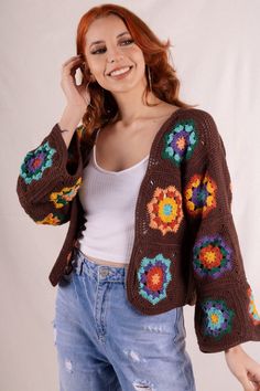 Cotton Patchwork Cardigan, Crochet Cropped Cardigan, Granny Square Jacket, Brown Sweater for Women, Boho Hippie Clothing, Gift for Her - Etsy Crochet Cropped Cardigan, Granny Square Jacket, Cardigan Granny Square, Square Jacket, Hippie Clothing, Crochet Cardigan Sweater, Patchwork Cardigan, Cardigan Crochet, Sweater For Women