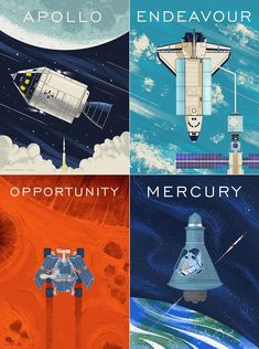 four different space travel posters with the names of them