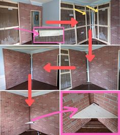 four pictures showing how to build a fireplace surround with bricks and duct taped around the edges