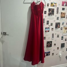 Never Worn Red Satin A-line Dress, Red A-line Midi Dress For Prom, Red Satin Midi Dress For Formal Occasions, Red Satin Dress With Sweetheart Neckline, Red Homecoming Dress With Sweetheart Neckline, Red Sweetheart Neckline Dress For Homecoming, Holiday Red A-line Midi Dress, Red Midi Dress With Fitted Bodice, Red A-line Maxi Dress For Prom