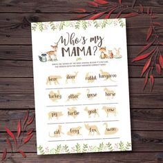 a printable who's my mama? game with animals