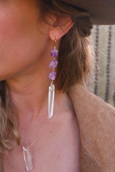 Amethyst Quartz Crystal Earrings Raw Gemstone Earrings - Etsy Raw Amethyst Earrings, Crystal Jewelry Design, Be A Light, Amethyst Quartz Crystal, Metal Drop, Raw Crystal Jewelry, Boho Crystal, Raw Quartz, Raw Amethyst