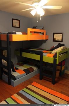 the bunk bed is made from wood and has two sets of mattresses