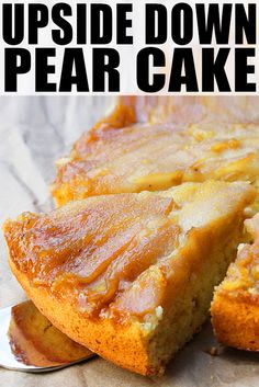 upside down pear cake on a plate with a spoon