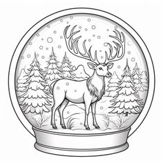 a snow globe with a deer in the middle and pine trees behind it, on a white background