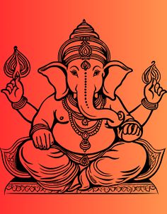 This image is a detailed line art illustration of Lord Ganesha, a revered deity in Hinduism. Lord Ganesha is depicted with an elephant head and a human body, adorned with traditional ornaments. He is seated in a cross-legged posture, symbolizing meditation and balance. In his hands, he holds various items, which are significant in Hindu iconography. The background is a gradient of warm colors, transitioning from red to orange, adding to the divine and vibrant appearance of the artwork. Lord Ganesha is widely worshipped as the remover of obstacles, the patron of arts and sciences, and the deva of intellect and wisdom. Lord Ganesha Rangoli, Yoga Drawing Illustrations, Ganesha Illustration, Hindu Iconography, Lord Painting, Ganesha Art Illustration, Detailed Line Art, गणपती बाप्पा, Yoga Drawing