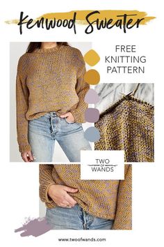 a woman wearing a sweater and jeans with text overlay that reads, free knitting pattern