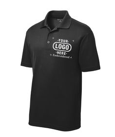 a black polo shirt that says your logo here on the front, and an image of a