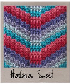 a crocheted blanket is shown with the words hawaiian sunset written in red and blue