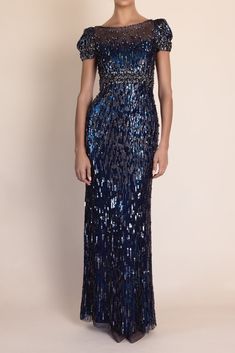 Jenny Packham sungem gown in oxford blue. SHELL: 100% POLYESTER LINING: 95% POLYESTER 5% ELASTAINE Dry Clean Made in India Dressy Clothes, Jenny Packham Dresses, Formal Wear Women, Runway Fashion Couture, Elegant Outfit Classy, Neverland Art, Outfit Classy, Blue Shell, Oxford Blue