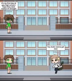 two comics with the same girl and boy in front of a building, one is holding a