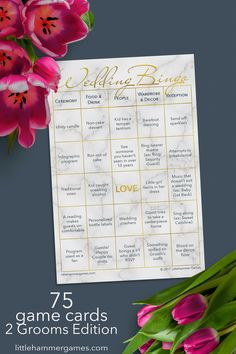 the 25 game cards for brides are shown with tulips and greenery