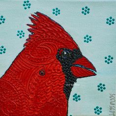 a painting of a red bird on a blue and white background with small circles around it