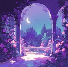 an open archway with flowers and moon in the background