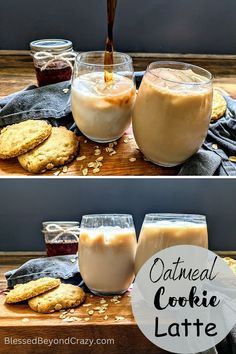 oatmeal cookie latte is being poured into two glasses with cookies on the side