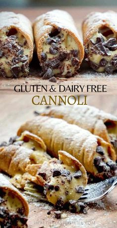 chocolate covered pastry is cut in half and served on a wooden cutting board with the title text overlay reads gluten & dairy free cannoli