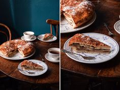 two pictures of food on plates and one has a piece taken out of the cake