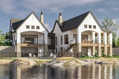 this is an artist's rendering of a two story house on the shore of a lake