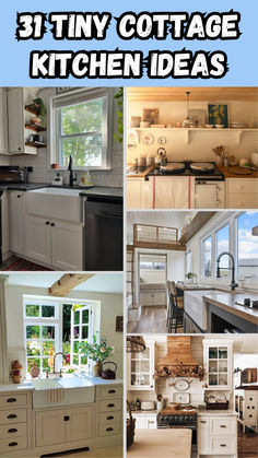 A collection of cozy cottage kitchen ideas featuring small spaces with white cabinets, charming decor, and ample natural light. Images highlight efficient layouts and unique designs, perfect for maximizing functionality in tiny kitchens. Ideas for inspiration!