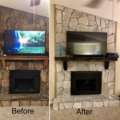 before and after pictures of a stone fireplace with tv on top, in the living room