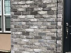 a dog is standing in front of a brick building with a black door and window