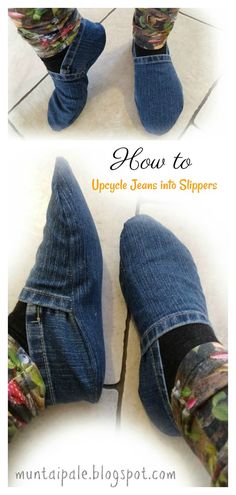 two pictures of someone's jeans with their feet covered in fabric and the words how to upcycle jeans into slippers