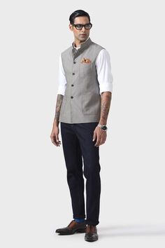 Grey waistcoat features three patch pockets and contrast thread detail. - Aza Fashions Traditional Fitted Nehru Jacket With Pockets, Fitted Cotton Nehru Jacket With Pockets, Raghavendra Rathore, Grey Waistcoat, Waistcoat Men, Nehru Jacket, Nehru Jackets, Band Collar, Jodhpur