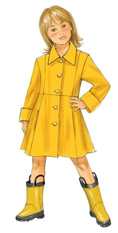 a drawing of a girl in yellow raincoat and rubber boots, standing with her hands on her hips