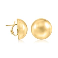 Ross-Simons - Italian 18kt Yellow Gold 20mm Dome Earrings. You'll just adore these undeniably luxe earrings. Coming to us direct from Italy, the sizable 20mm dome designs cast a classic 18kt yellow gold glow, enhanced with brightly polished finishes. Hanging length is 1/2". Clip/post, 18kt yellow gold dome earrings. Gold Glow, Dome Earrings, Fine Jewelry, Yellow Gold, Italy, Yellow, Gold