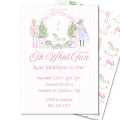 a pink and white baby shower party card with the words oh what fun on it