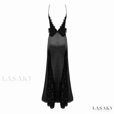 Lasaky - Elegant Noir Plunge Sequined Lace Panel Silky Satin Maxi Fishtail Evening Gown V-neck Gown With Lace Trim For Party, Party V-neck Nightgown With Lace Trim, Elegant Fitted Backless Sleepwear, Backless Gown With Back Opening For Wedding Night, Elegant Backless Sleepwear, Elegant Backless Sleepwear For Night, Elegant Floor-length Evening Nightgown, Elegant Evening Floor-length Nightgown, Fitted Backless Party Nightgown