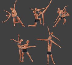 six different poses of a man in swimsuits doing various yoga moves and standing on one leg