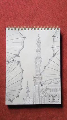 a drawing of a mosque with umbrellas in the background on a red carpeted floor