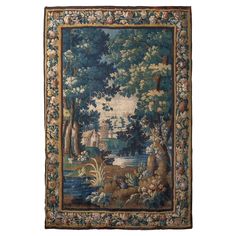 an old tapestry with trees and water in the background