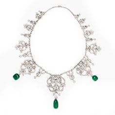 Luxury Silver Necklace For Ceremonial Occasions, Elegant Ceremonial Emerald Necklace With 17 Jewels, Elegant Emerald Necklace With Intricate Diamond Design, Luxury Silver Bridal Necklace For Ceremonial Occasions, Elegant Formal Emerald Necklace With Intricate Design, Ceremonial Elegant Jeweled Necklaces, Luxury Bridal Necklace With Intricate Design, Luxury Briolette Diamond Necklace For Wedding, Luxury Briolette Necklace For Wedding