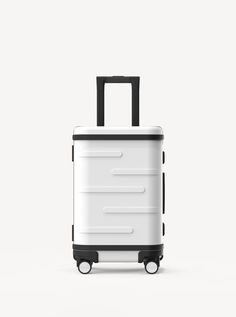 a white suitcase with black handles and handlebars on wheels, against a white background