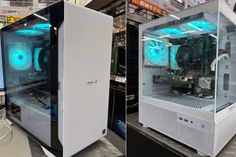 three different views of a computer case in a store, one is white and the other is black