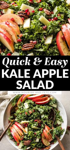 a salad with apples, kale and pecans is shown in two different pictures