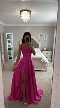 Pink Grad Dresses, Hot Pink Prom Dresses, Pink A Line Dress, Hot Pink Prom Dress, High Split Dress