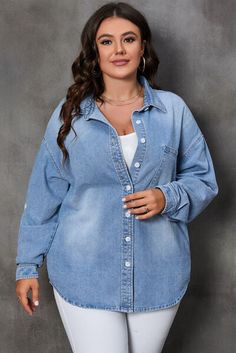 Plus Size Button Up Pocketed Denim Top - Body By J'ne Denim On Denim Looks, Denim Shacket, Trendy Denim, Denim Chic, Plus Size Outerwear, Swimsuits High Waisted, Plus Size Swimwear, Dress Size Chart, Two Piece Dress