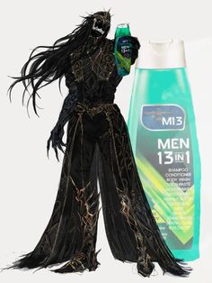 a bottle of men's deodorant next to a doll with long hair