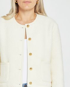 Price Comparison Few Moda $89 Veronica Beard $748 Reformation $298 Product Details Introducing the Joe Cropped Jacket, a sophisticated and chic piece of outerwear. Made of cream tweed and detailed with gold buttons, this elegant design offers a timeless, cropped silhouette for a graceful look. - Relaxed fit- Buttons- Pockets- Content: Fabric: 60% Wool, 40% Polyester | Lining: 100% Polyester Style# C23WOU50117G Fit Notes - Designed to have a relaxed fit throughout - Model wearing a size S - Model Beard Colour, Cami Bodysuit, The Joe, Notes Design, Price Comparison, Cropped Jacket, Veronica Beard, Crop Jacket, Gold Buttons