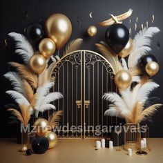 black and gold balloons with white feathers in front of a gate