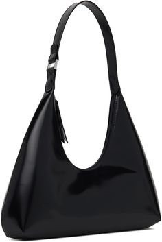 Patent leather shoulder bag in black. · Fixed shoulder strap · Zip closure · Patch pockets at interior · Cotton twill lining · Logo-engraved silver-tone hardware · H11 x W12.5 x D3.25 Supplier color: Black Elegant Black Shoulder Bag With Glossy Finish, Glossy Rectangular Shoulder Bag For Business, Glossy Finish Rectangular Shoulder Bag For Business, Elegant Black Glossy Shoulder Bag, Evening Shoulder Bag With Gunmetal Hardware, Modern Shoulder Bag With Gunmetal Hardware For Formal Occasions, Modern Shoulder Bag With Gunmetal Hardware For Formal Events, Sleek Shoulder Bag With Silver-tone Hardware, Classic Glossy Finish Shoulder Bag For Formal Occasions